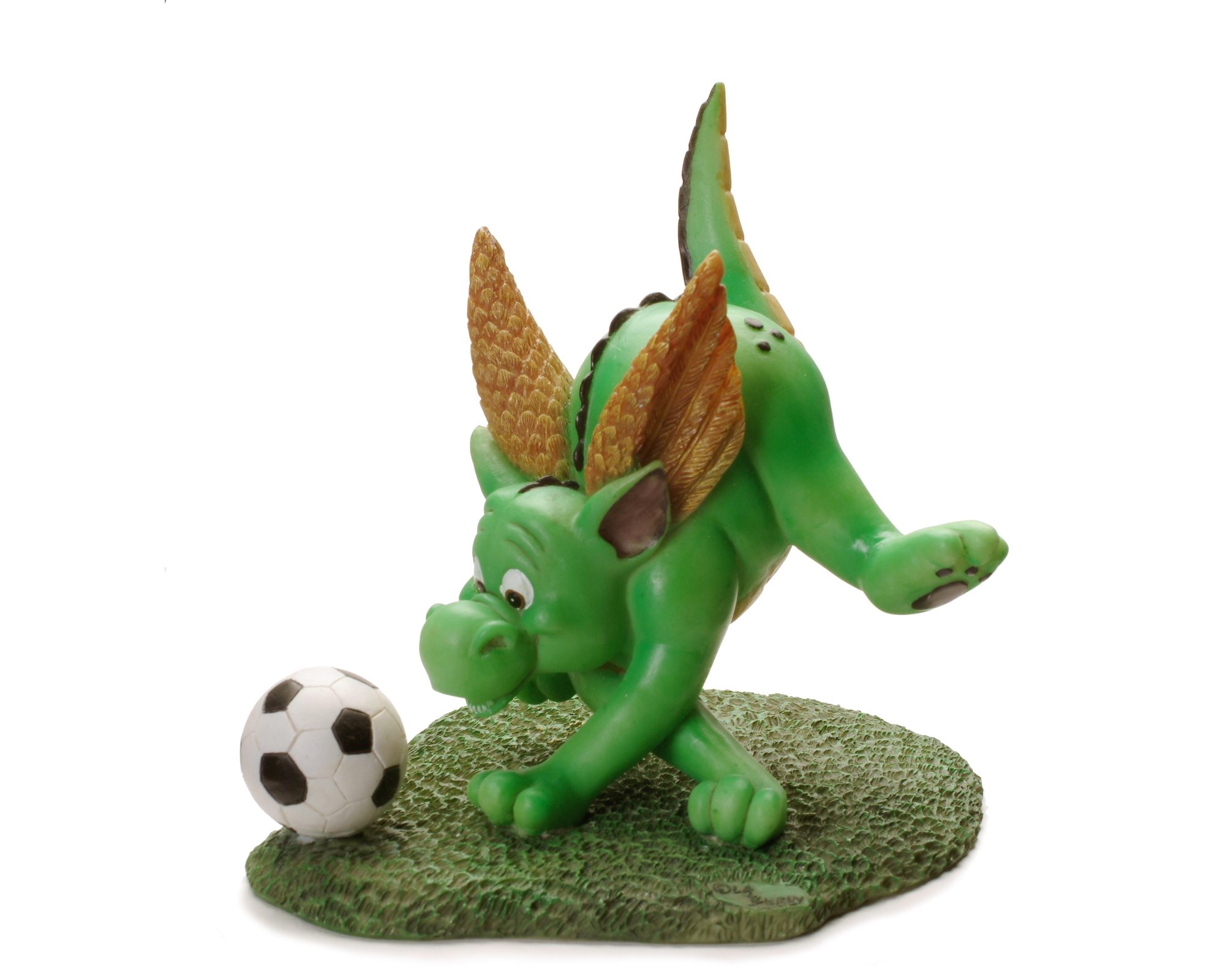 Dragon playing soccer Figurine by L. A. Berry, SOCCER FUN Cute green