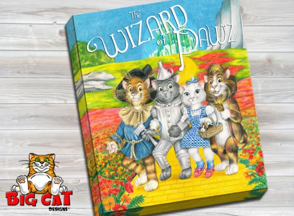 Colored Pencil Artwork showing Four cats playing the characters of the Wizard of Oz. Main colors are light blue, red and yellow.