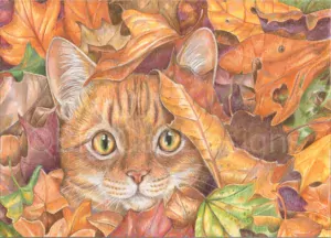 Colored pencil art of an orange tabby cat peeking through colorful fallen leaves