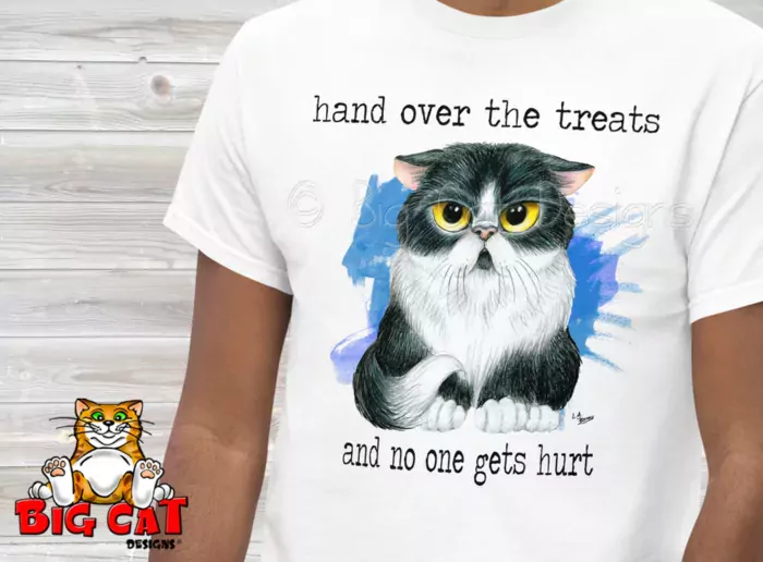 White t-shirt showing a black and white Persian cat with a grumpy expression.