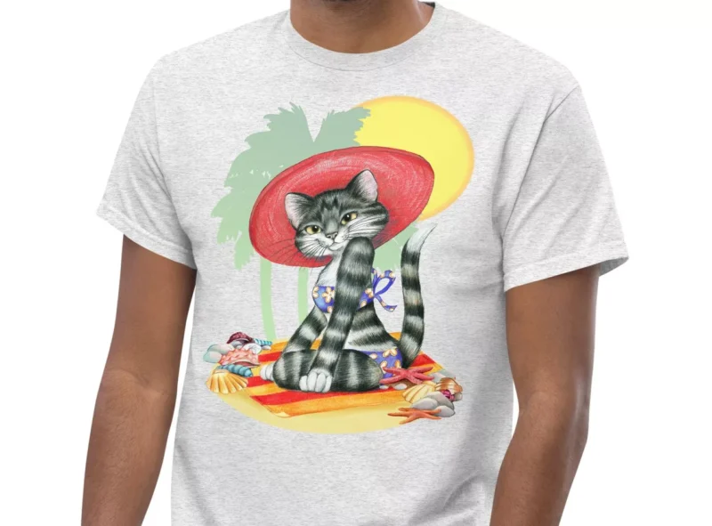 Cat T-shirt, A PURRFECT DAY - Cute lady tabby cat in a red hat enjoying the beach - Image 4