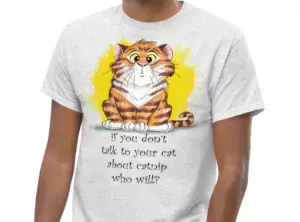 Ash Gray t-shirt showing a confused looking orange tabby cat with the words If You Don't Talk To Your Cat About Catnip Who Will?
