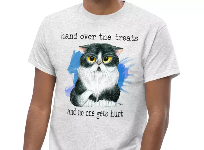 Light Gray t-shirt showing a black and white Persian cat with a grumpy expression.