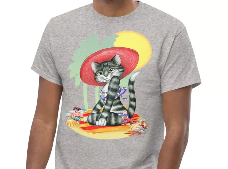Cat T-shirt, A PURRFECT DAY - Cute lady tabby cat in a red hat enjoying the beach - Image 3