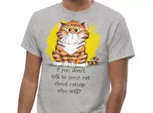 Sport Gray t-shirt showing a confused looking orange tabby cat with the words If You Don't Talk To Your Cat About Catnip Who Will?
