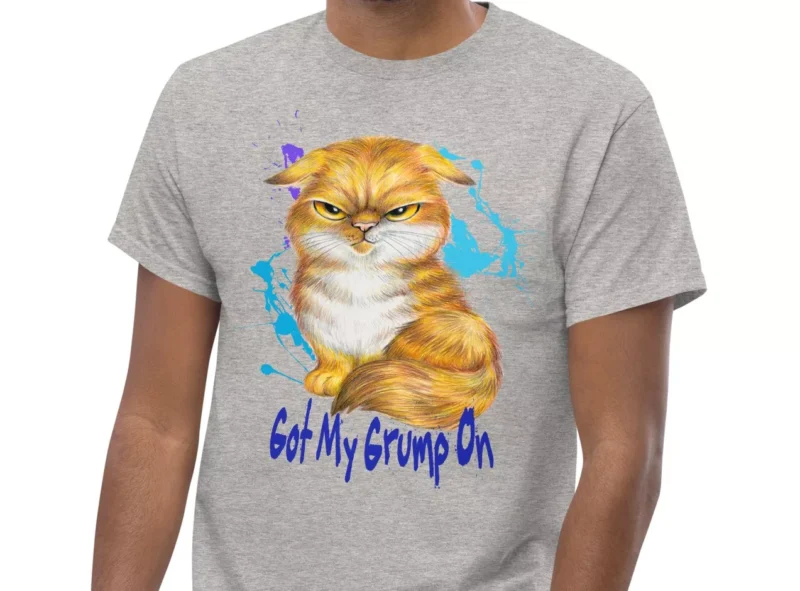 Dark Gray t-shirt showing a Orange Tabby Scottish Fold cat with a grumpy expression.