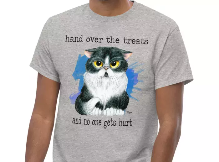 Dark Gray t-shirt showing a black and white Persian cat with a grumpy expression.