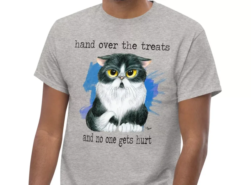 Dark Gray t-shirt showing a black and white Persian cat with a grumpy expression.