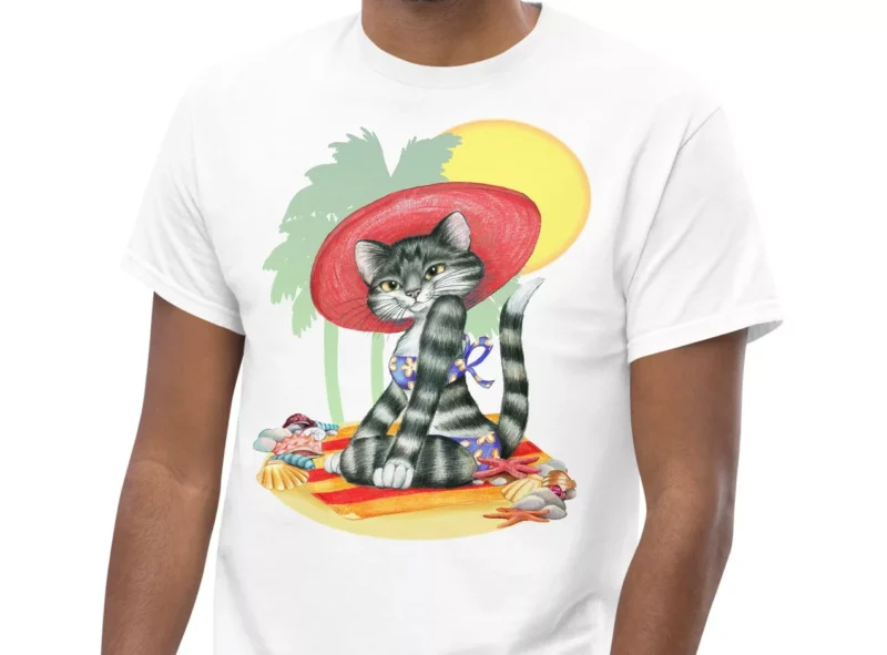 Cat T-shirt, A PURRFECT DAY - Cute lady tabby cat in a red hat enjoying the beach - Image 2