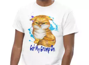 White t-shirt showing a Orange Tabby Scottish Fold cat with a grumpy expression.