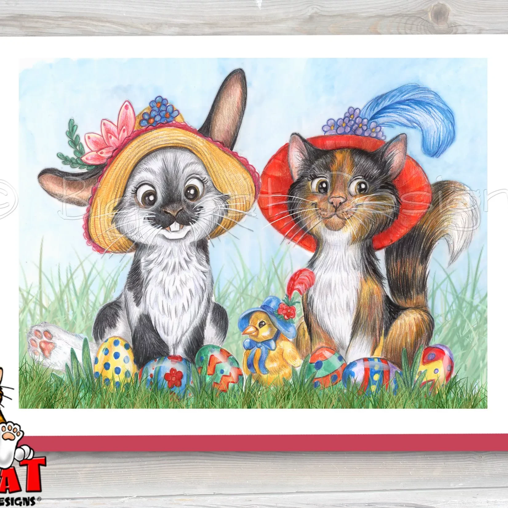 Paper Greeting card showing a bunny in a straw hat, a calico cat in a red hat and a baby chick in a blue bonnet. Easter Eggs in grass