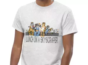Light Gray t-shirt showing Five Cats and a mouse in construction workers clothes easting lunch on a metal beam