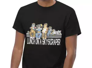 Black t-shirt showing Five Cats and a mouse in construction workers clothes easting lunch on a metal beam