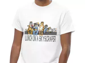 White t-shirt showing Five Cats and a mouse in construction workers clothes easting lunch on a metal beam